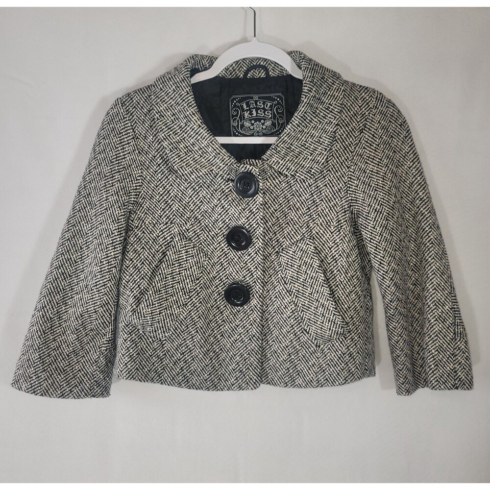 Last Kiss Tweed Herringbone Cropped Jacket Blazer M Black White Wool Blend Y2K